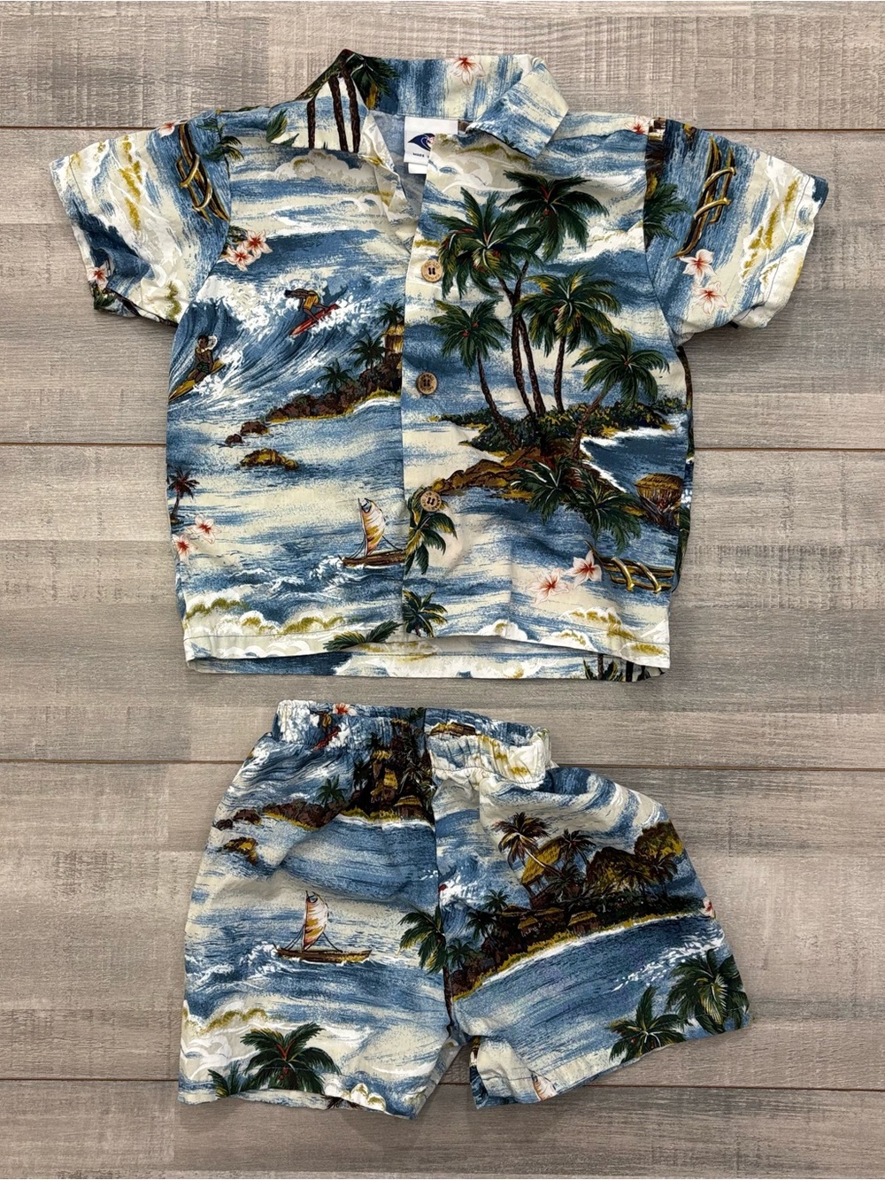 Vintage Nui Nalu Kids Size 2 Tropical Hawaiian Surf Shirt Shorts Set 100% cotton